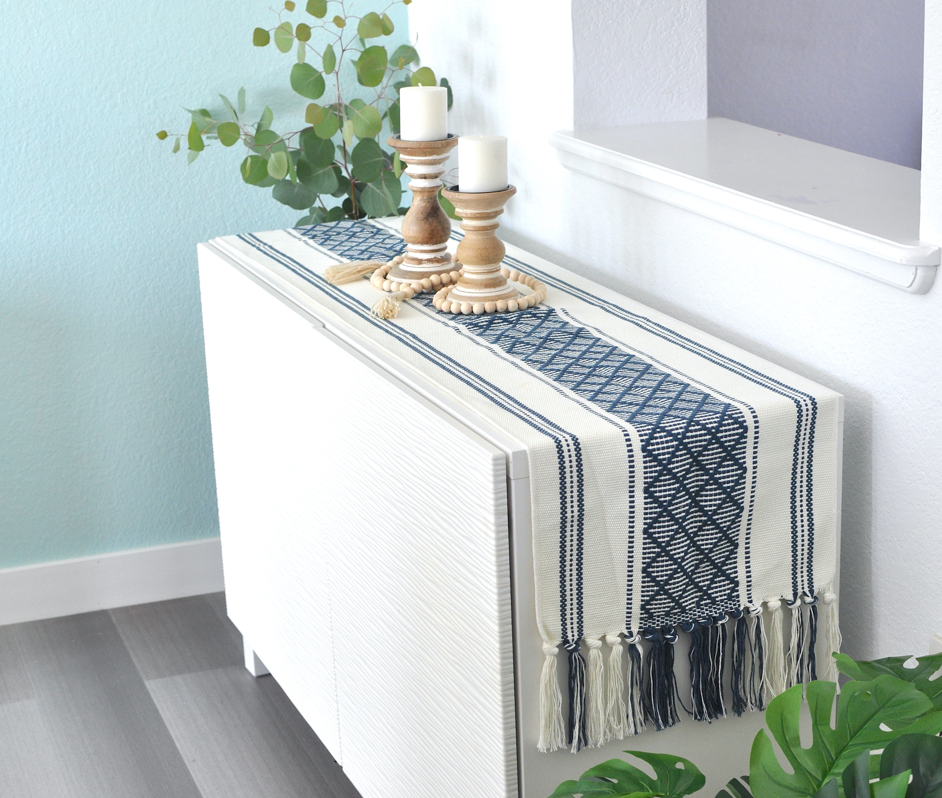 Short Coffee Table Runner with Tassels 14x48 Inches, Navy Blue & Cream | Cotton Woven Washable Boho Dresser Scarf for Bedroom | Farmhouse Console Tabletop Centerpiece Decorations