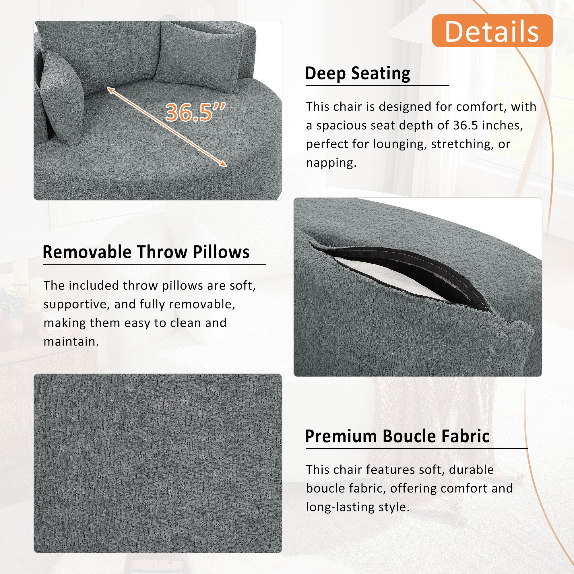 Swivel Round Sofa Couch Sofa Bed,360° Swivel Chair Accent Barrel Chair with 3 Removable Pillows for Living Room, Bedroom,Grey