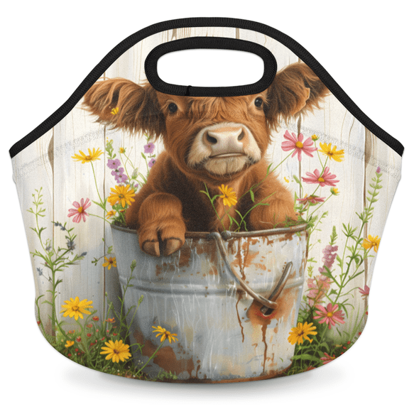 Herdesigns Cute Highland Cow Insulated Neoprene Lunch Bag for Women Men Lunch Box Washable Reusable Lunch Tote Lightweight Lunch Handbag for Work Outdoor Picnic