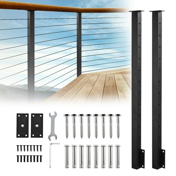 2 Pack 44" Cable Railing Posts, Side Mount Deck Railing Columns, Black Pre-Drilled Metal Posts for Staircase Installation(No Cable and Handrails)