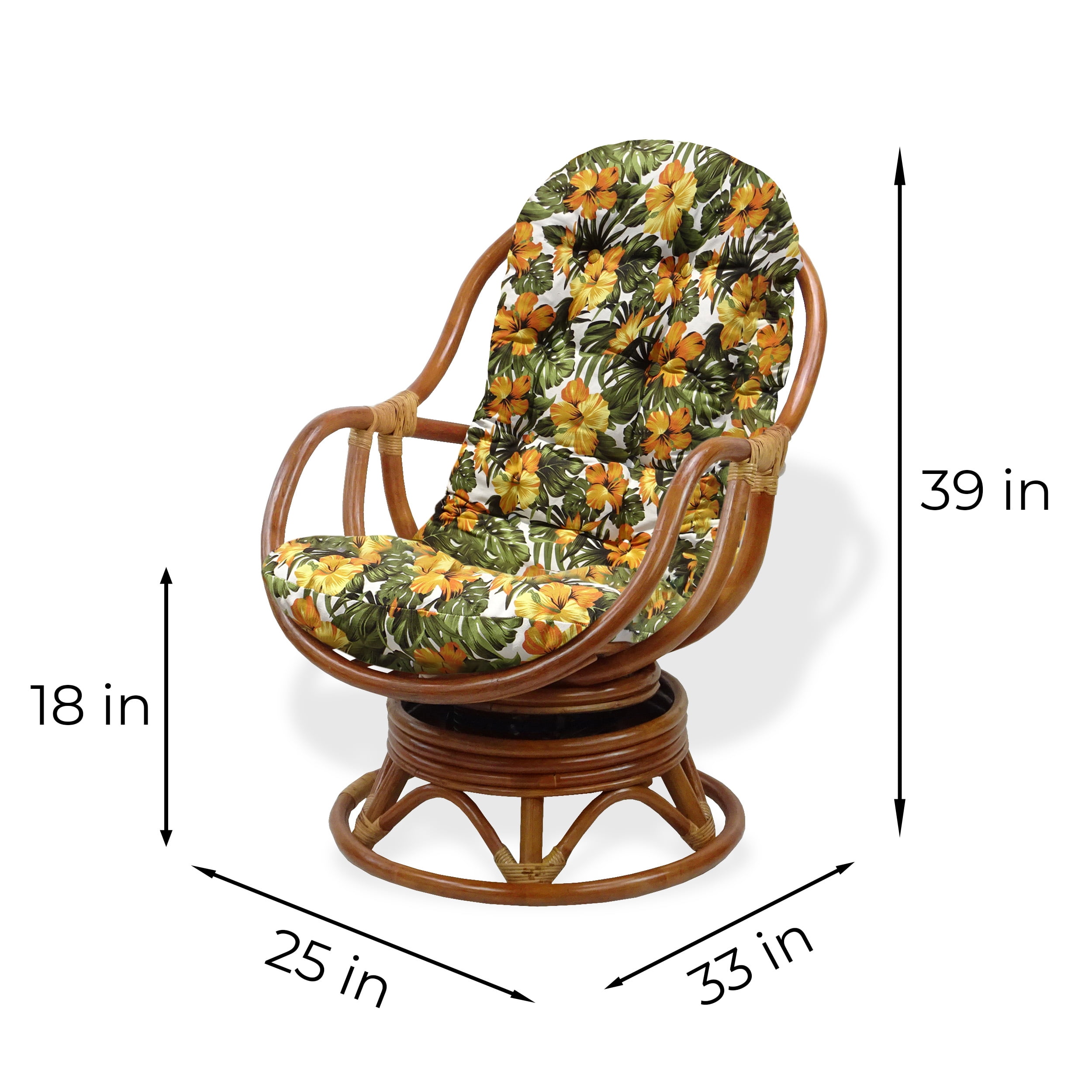 Bali Lounge Swivel Rocking Chair with Floral Cushion Rattan Wicker Handmade, Colonial Color