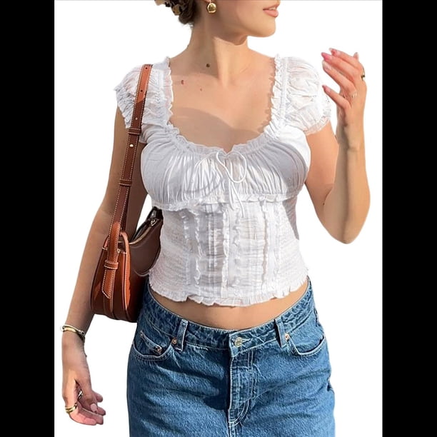 Top Corto de Corta para Mujer con Ribete de Encaje, Estilo Bohemio, con Volantes y Lazo en la Parte Delantera. M