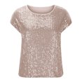 thumbnail image 4 of Pincandy Women's Fashion Solid Loose T-shirt Short Sleeve Sequin Blouse Round Neck Glitter Sequins Shirts Top Casual Cap Sleeve Party Tee Tops,Rose Gold,2XL, 4 of 6