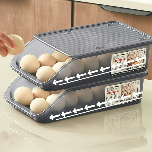 Organizador de huevos para refrigerador con diseño autoenrollable, contenedor apilable de 2 capas con capacidad para 24 huevos, bandeja dispensadora de plástico transparente y contenedor en blanco,