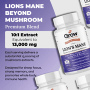 Grow Vitamin Mushroom Mind Supplements - Focus, Memory, Cognitive Nootropic, Immune, Antioxidant, Performance Powder, 90 Veg Capsules