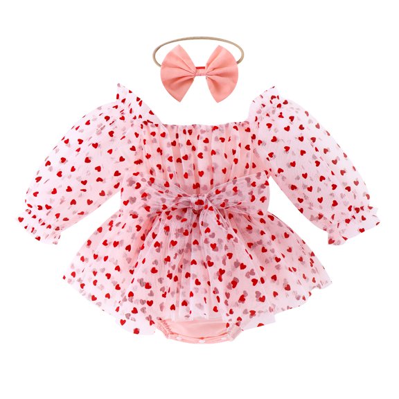 Baby Rompers Valentine's Day Heart Print Long Sleeve Romper Dress Puff Sleeve Square Neck Tulle for Girl Pink 12 Months-18 Months