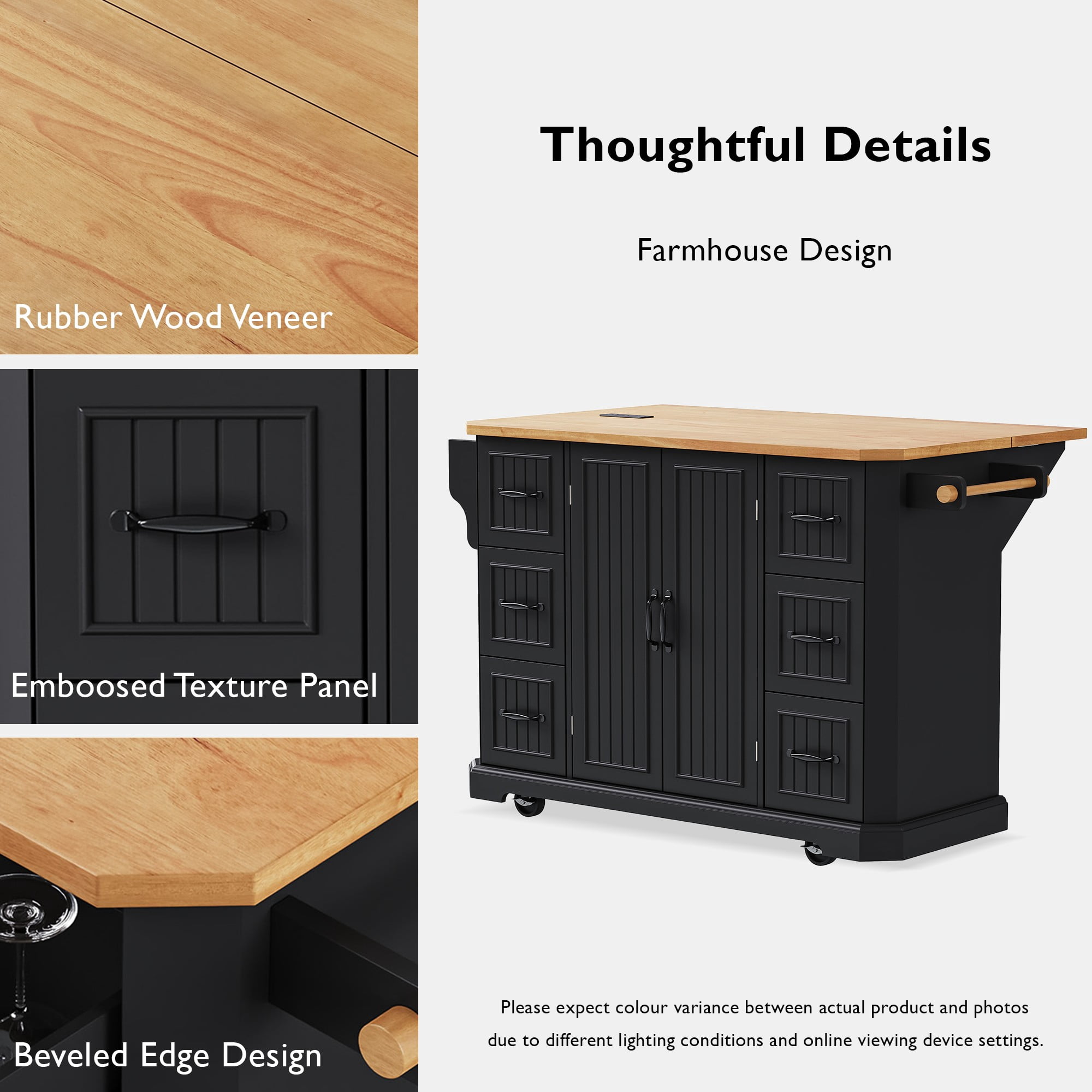 DTTRA 56" Kitchen Island with Drop Leaf & Power Outlet, Rolling Kitchen Cart on Wheels with 6 Drawers, 4-Door Shelves & Rubber Wood Top, Mobile Storage Cabinet for Kitchen & Dining Room, Black