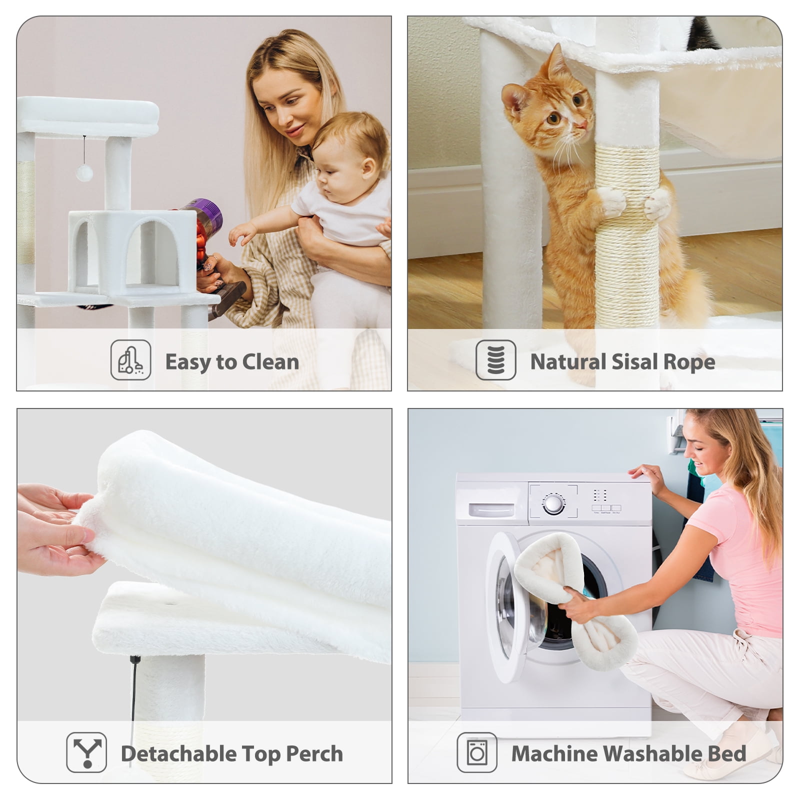 Pefilos 56" Cat Tree for Indoor Cats Multi-Level Cat Tower with Sisal Covered Scratching Posts, Cozy Cat Condo, Super Large Hammock and Plush Perches Cat Tree House for Large Cats, White