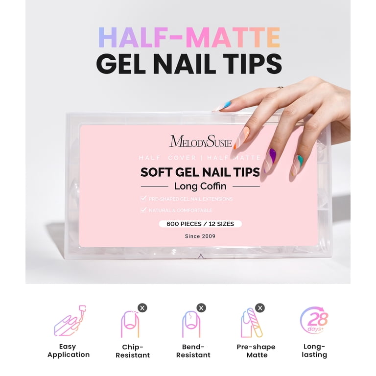 MelodySusie Long Coffin Nail Tips, 600-Piece Half-Matte Set photo 8