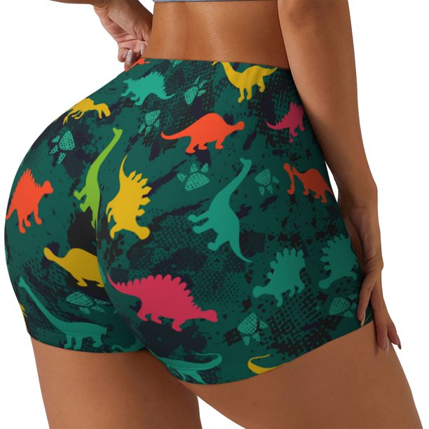 Fotbe Colorful Dinosaurs Shorts Sin Costuras – Shorts Deportivos de Cintura Alta para Mujer, Elásticos para Gimnasio, Yoga, Running o Ciclismo-Large
