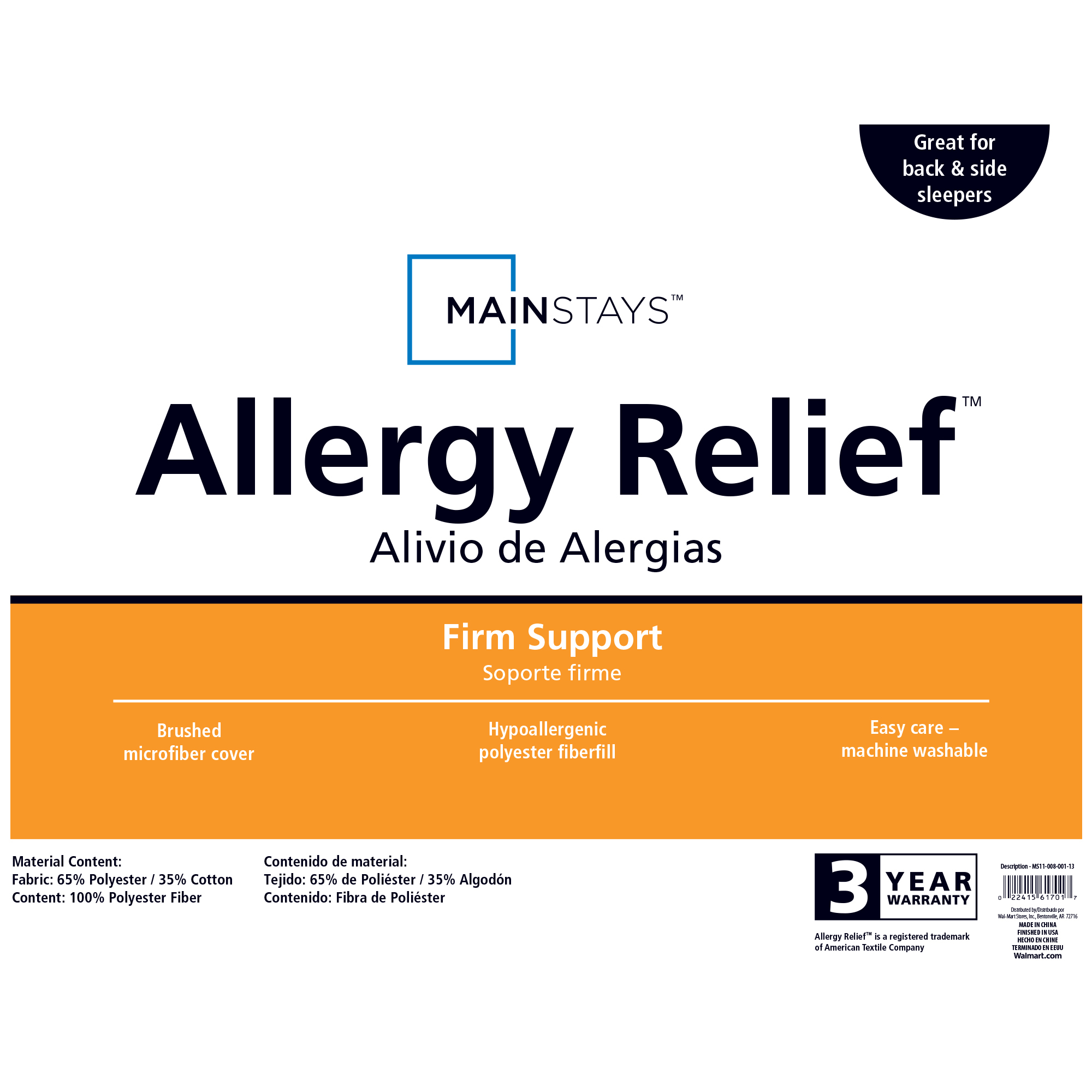 Mainstays Allergy Relief Hypoallergenic Down Alternative Pillow, 1 Each - image 2 of 2