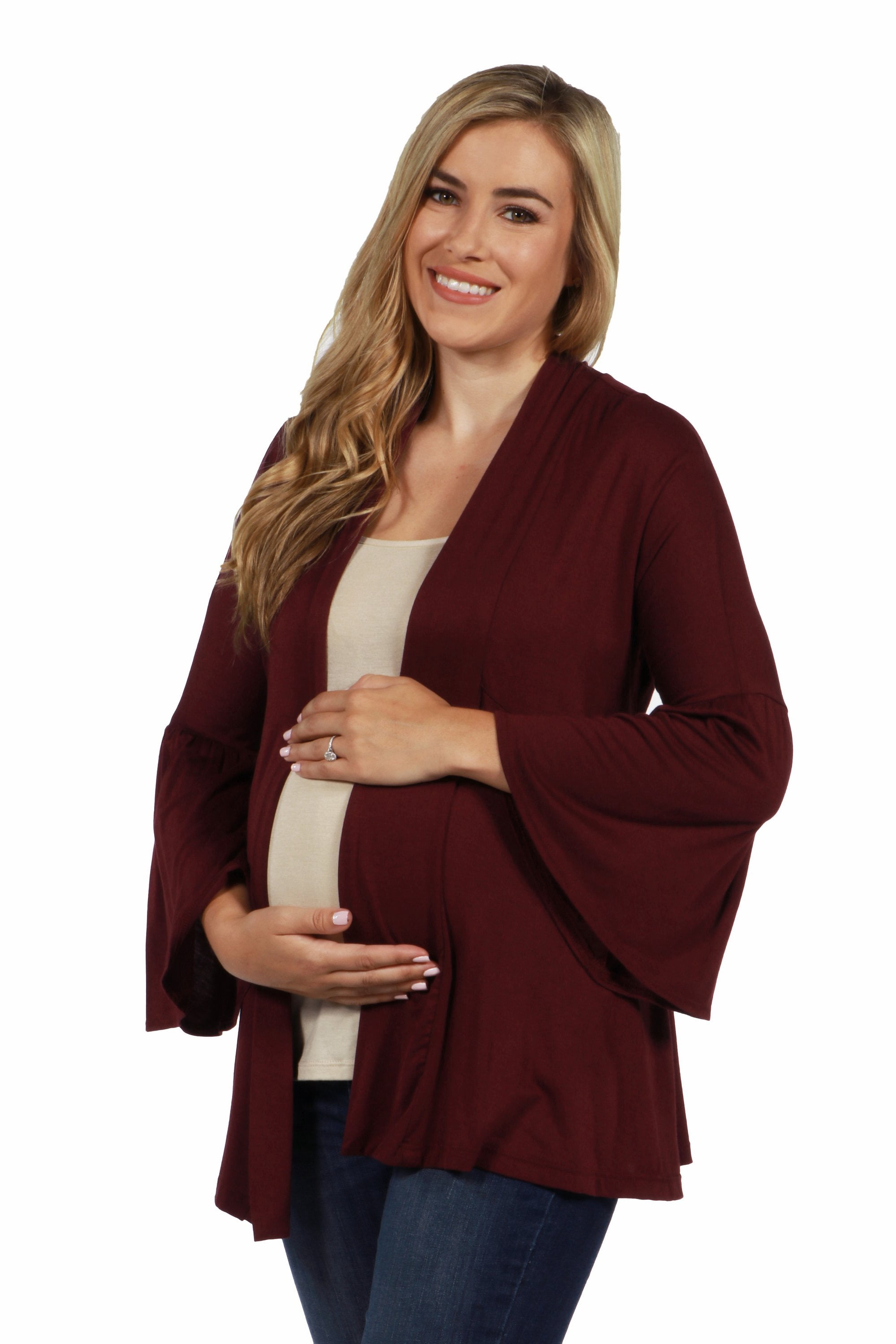 24seven Comfort Apparel Bell Sleeve Flared Open Front Maternity Cardigan