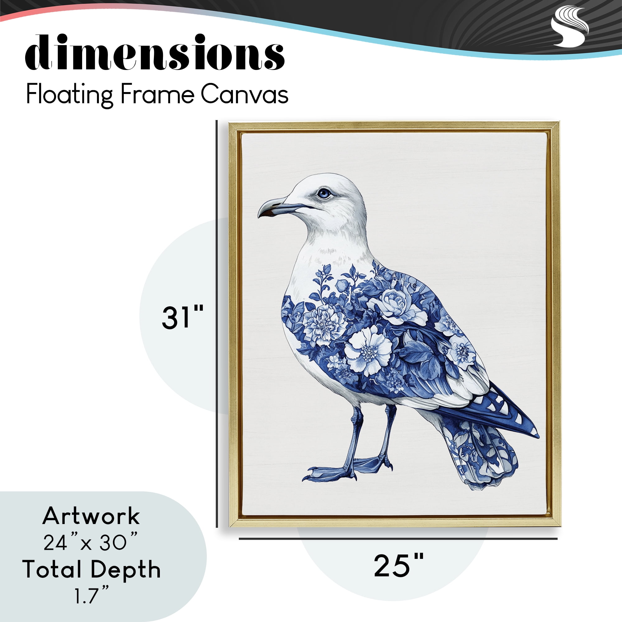 Funky Toile Seagull Gold Framed Floater Canvas Wall Art, design by Lettered and Lined