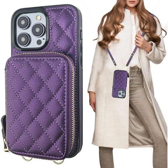 Crossbody Wallet Case for iPhone 14 Pro Max, RFID Blocking PU Leather Zipper Handbag Purse Flip Cover, Kickstand Folio Case with Card Slots Holder Wrist Strap Lanyard 5G 6.7 Inch (Dark Purple)