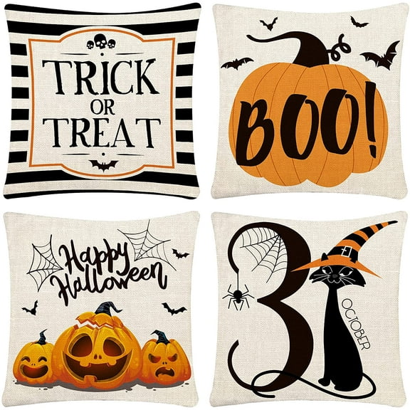 Halloween Pillow Covers 18x18 Set of 4 Trick or Treat Pillow Covers Happy Halloween Linen Sofa Bed Throw Cushion Cover Decoration