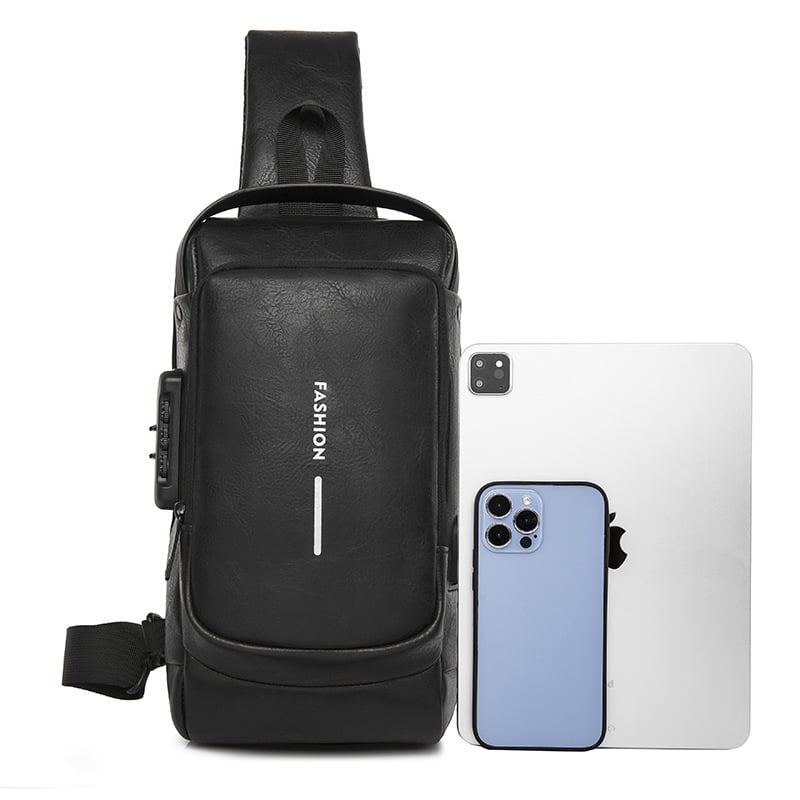 Travel Sling Bag Waterproof Crossbody Bag with Combination Lock Anti-Theft PU Leather Chest Bag with USB Charging Hole Shoulder Backpack Motorcycle Bags