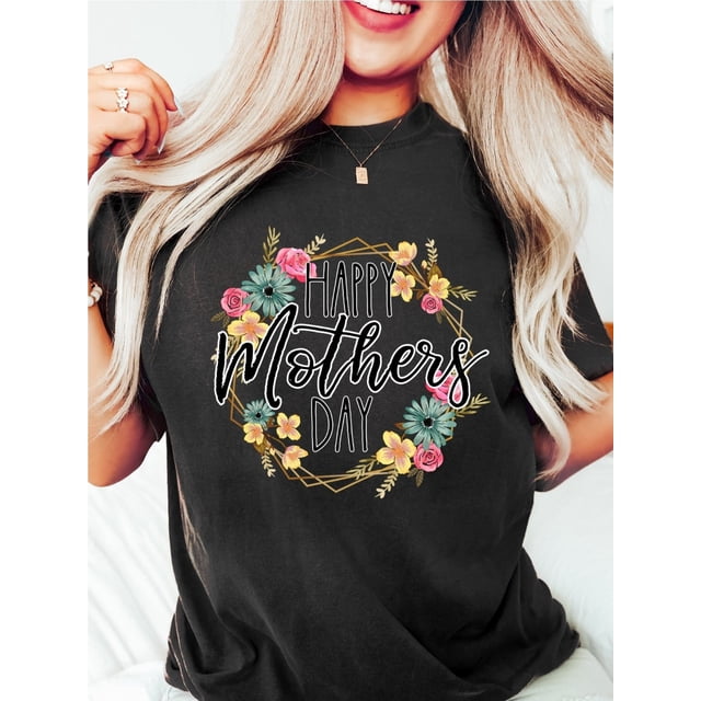 Floral Happy Mother’s Shirt Funny Mom Life Tee Mother’s Gift Cute Mama T-Shirt for Women Black White 100% Heavy Cotton Casual Comfort Wear S-XL