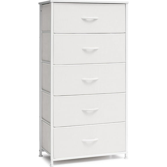 Crestlive Products Tall Dresser for Bedroom Vertical Storage Tower - Wide Fabric Dresser & Chests of Drawers for Closet, Hallway, Entryway w/Wood Top, Easy Pull Fabric Bins - 5 Drawers(White)
