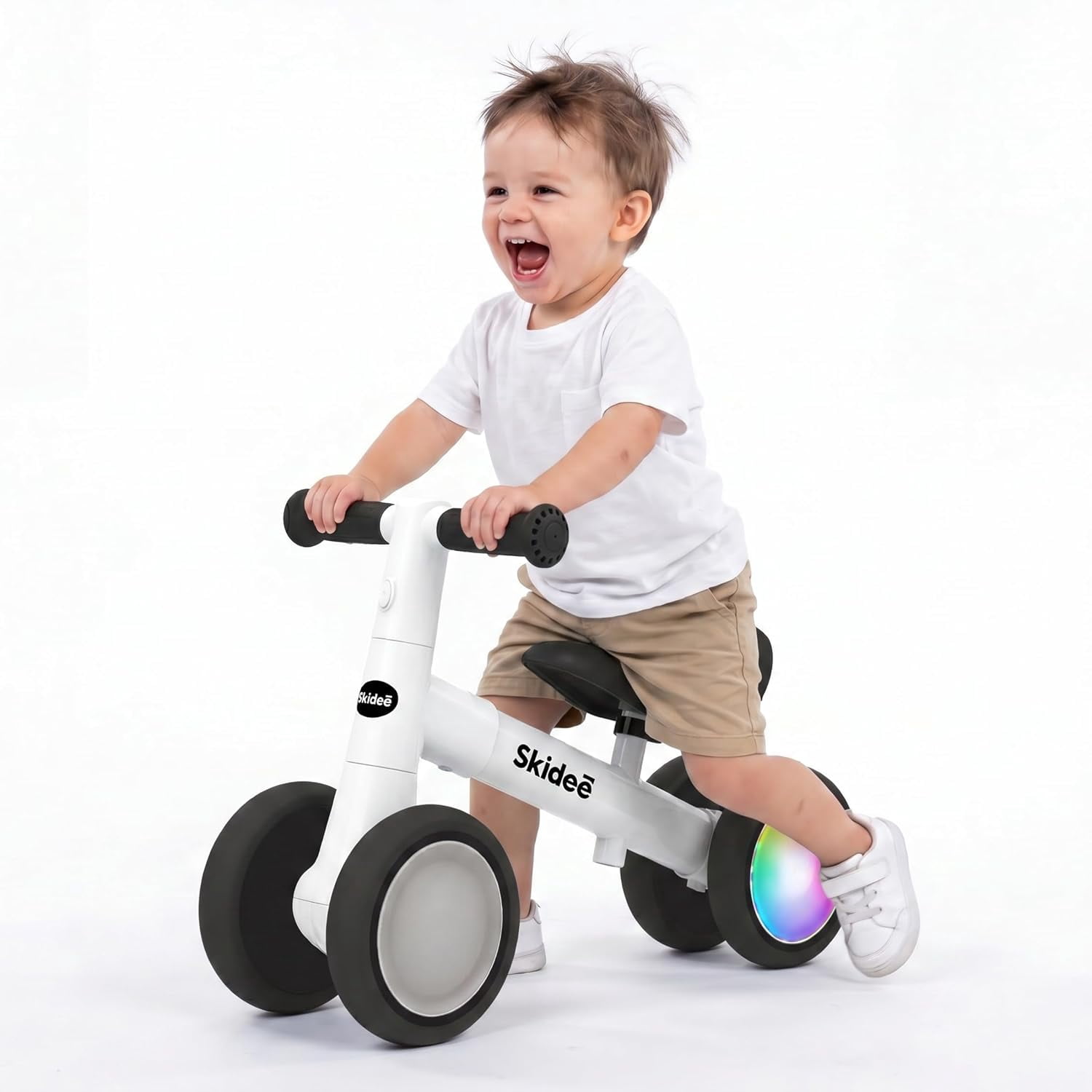 Skidee Toddler Balance Bike 1-3, 4-Wheel Balance Bike with Rare Light-Motion-Activated LED Wheels, Adjustable Height & Child Safe Steering, Lightweight Ride-On Toy Training Bike for Boys & Girls