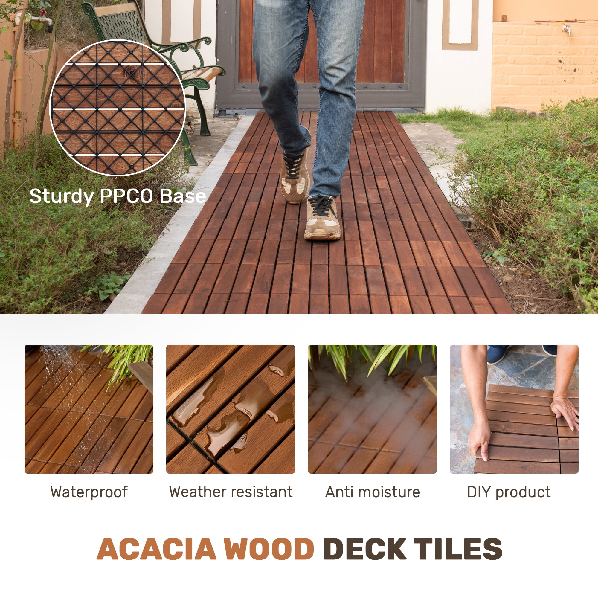 10 PCS Striped Pattern Interlocking Deck Tiles 12"x12" Square Acacia Hardwood Outdoor Flooring for Patio Balcony Pool Side Garden Porch