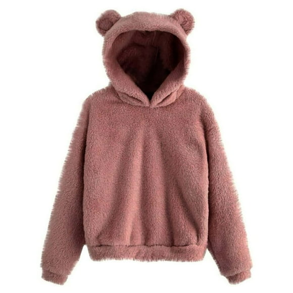 Bear Hoodie Women Fuzzy Pullover Sweater Sherpa Fleece Hooded Sweatshirt Furry Cute Animal Hoodies with Ears Khaki XL