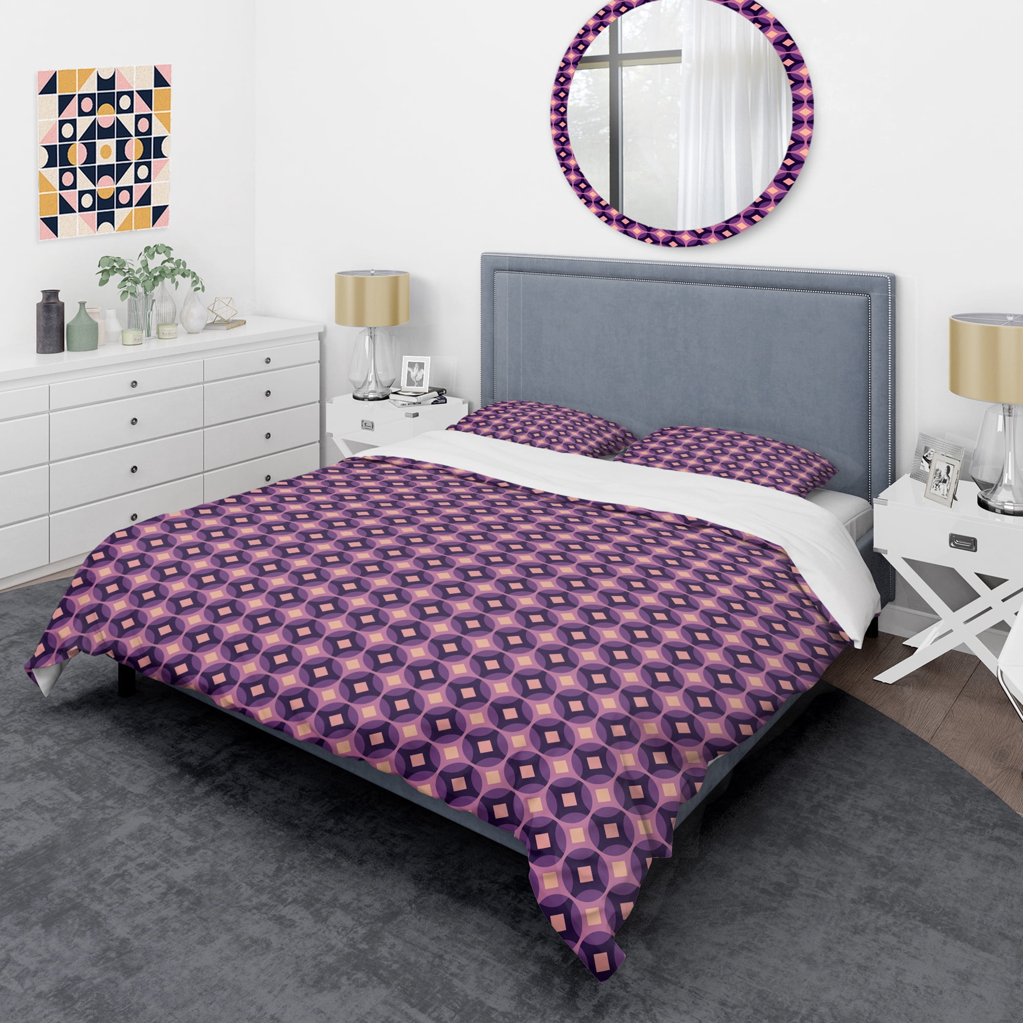 Designart 'Retro Circular Purple And Yellow Pattern' Mid-Century Modern Duvet Cover Set