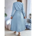 thumbnail image 6 of Women Fall Long Sleeve Dress Casual V Neck Pleated A Line Light Blue L, 6 of 7