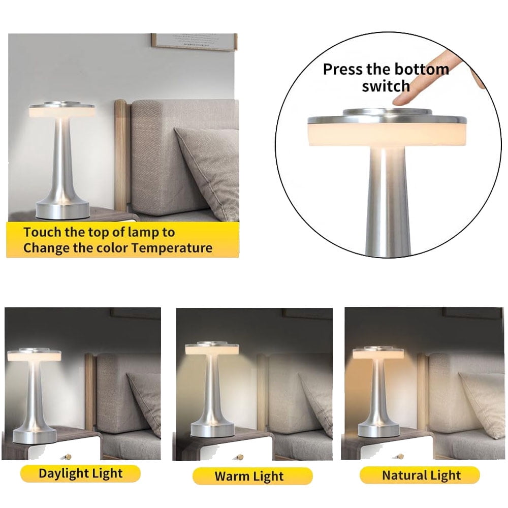DERCLIVE Led Portable Metal Table Lamp with Touch Sensor 3 Color Stepless Dimming Nightstand Desk Lamp Rechargeable Bedside Lamp