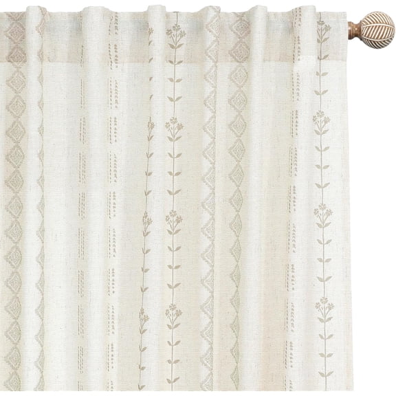 Linen Farmhouse Curtains for Living Room, Neutral Taupe Cream Light Filtering Boho Sheer Floral Patterned Curtains for Dining Room Bedroom 84 Inch Length 2 Panels Set