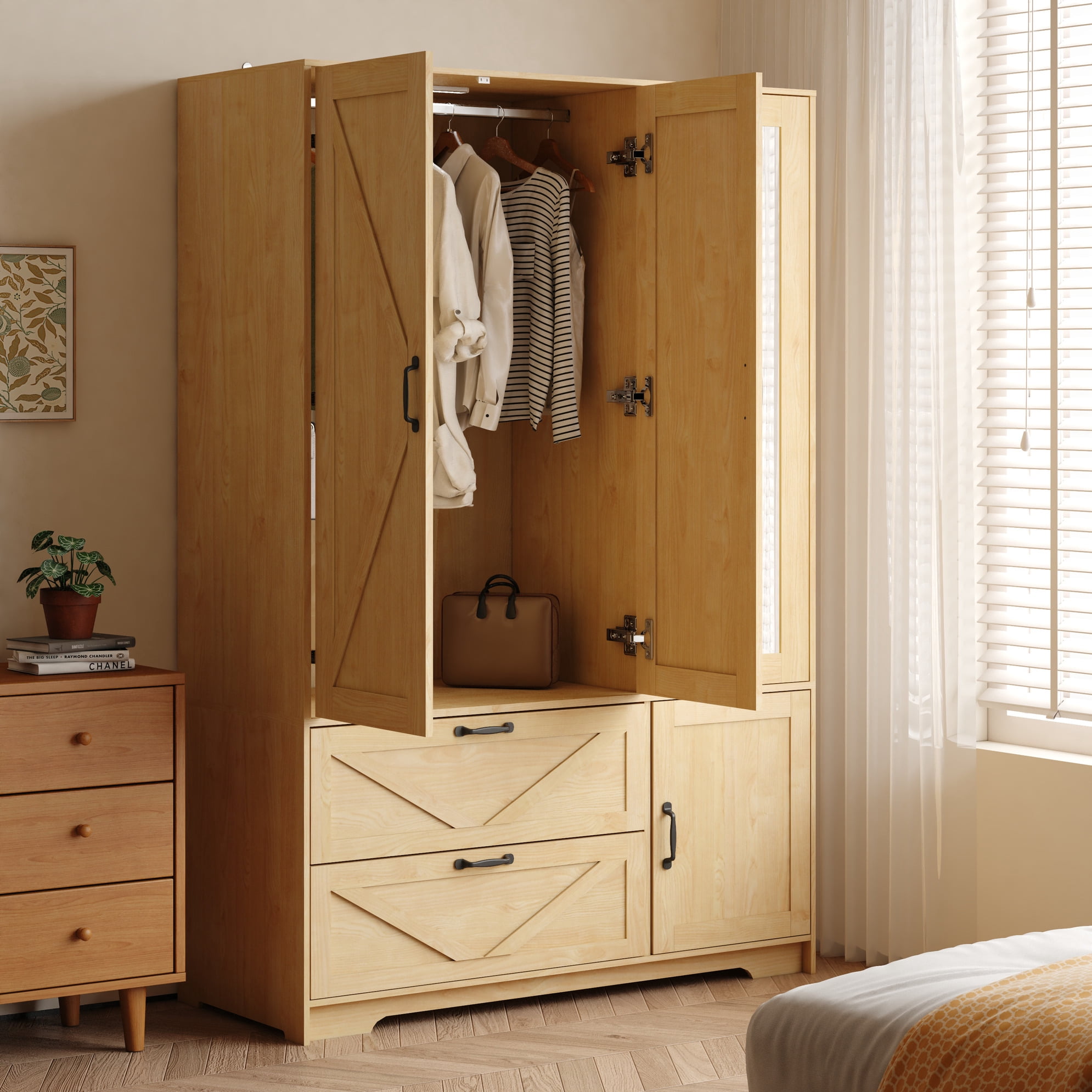 Noble House 4 Doors Wardrobe Closet with Mirror, LED Light and Drawers, Natural