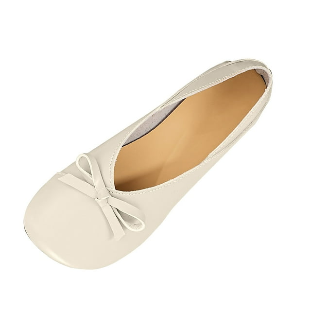 Beige Bow Accent Slip-On Shoes With Round Toe For Women, Lightweight And Comfortable, Perfect For Everyday Use And Special Occasions