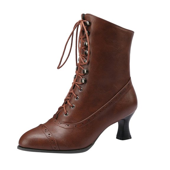 Guttear Women Vintage Victorian Lace Up Boots Kitten Heel Ankle Boots Pointed Toe Mid Heel Booties with Zipper Wedding Bridal Costume