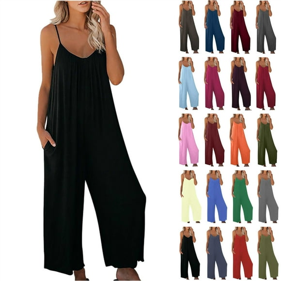 QATAINLAV Spaghetti Strap Jumpsuits for Women Summer Sleeveless Baggy Bib Overall Solid Color Casual Wide Leg Pants Romper with Pockets Red L Lightning Sale