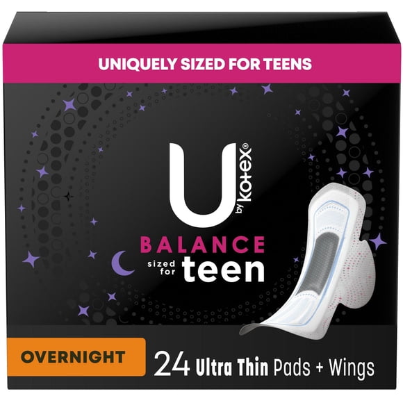 Serviettes ultraminces de nuit U by Kotex Balance avec ailes pour adolescentes, 24 unités.