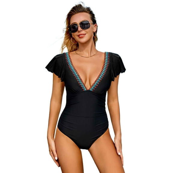 ATTRACO One Piece Swimsuit Color Tape Women Flounce Edge V Collar Bathing Suit Sexy Monokini Swimwear S-XL