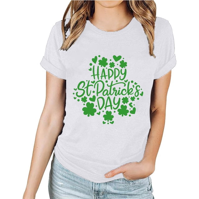 Meichang T-Shirt de la Saint-Patrick pour Femme, Trèfle Vert à Quatre Feuilles, T-Shirts Graphiques Verts, Hauts Décontractés à Manches Courtes, Col Rond, T-Shirts de la Saint-Patrick en Liquidation