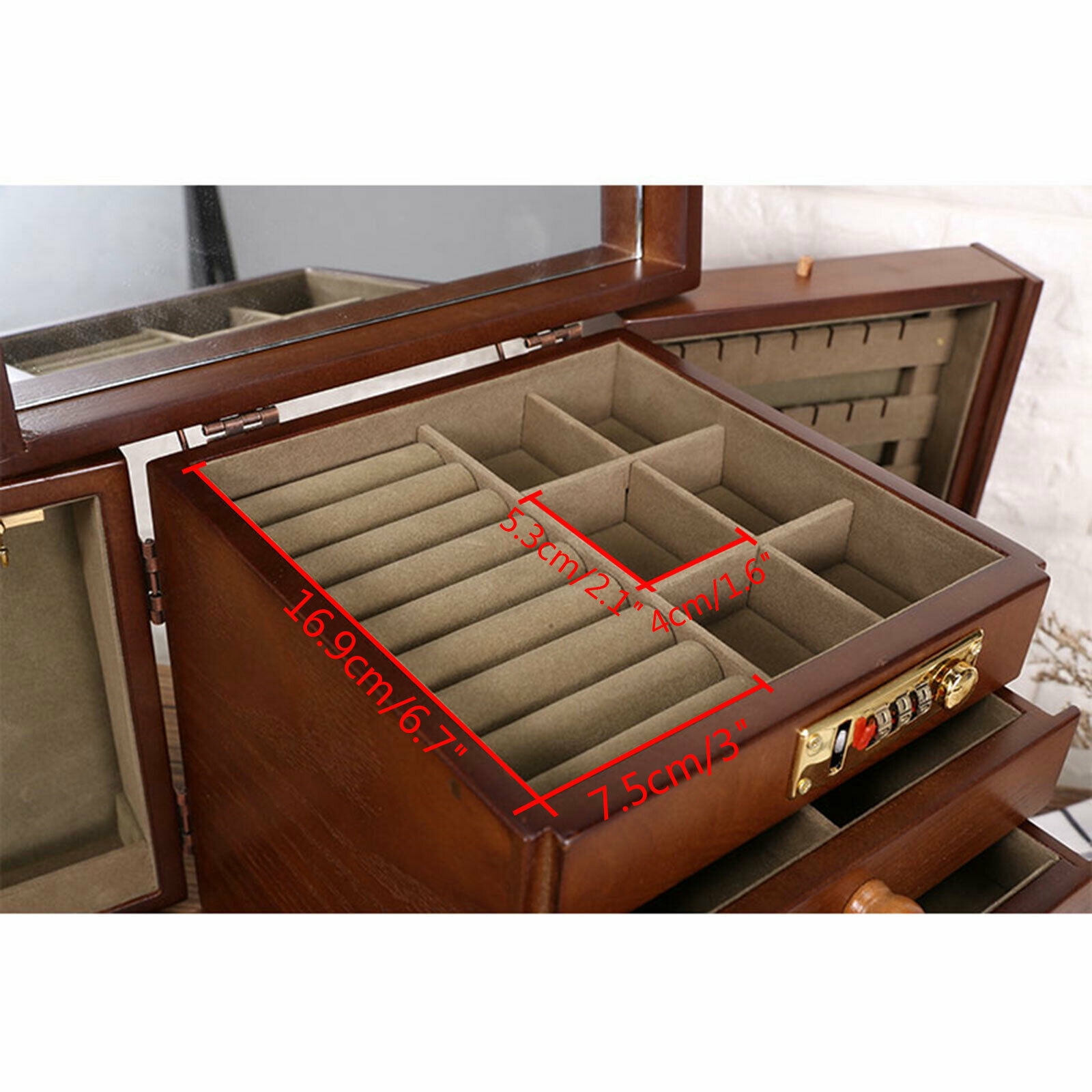 Wooden Jewelry Box Organizer With Combination Lock Lockable Large Dresser Top Jewelry Storage Container