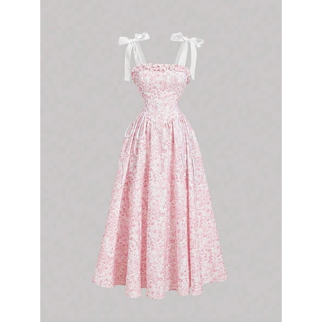 Vestido Largo Floral Rosa-2 Con Lazos En Hombros Y Corset