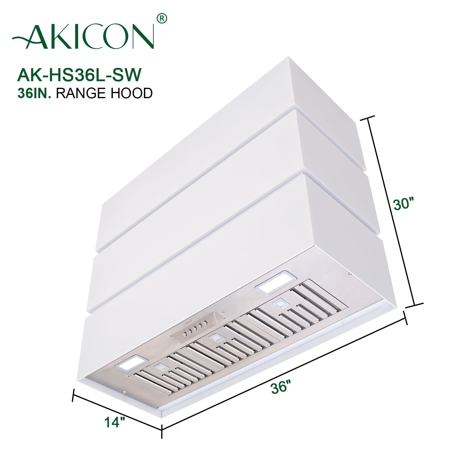 Akicon 36" Stainless Steel Range Hood, Modern Box Ducted Kitchen Hood with Powerful Vent Motor, Wall Mount, 36"W * 30"H*14"D, Signal White