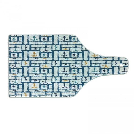 Navy Cutting Board, Marine Grunge Starfish Anchor Seahorse Underwater Marine Murky Design, Decorative Tempered Glass Cutting and Serving Board, Wine Bottle Shape, Petrol Blue Marigold, by Ambesonne
