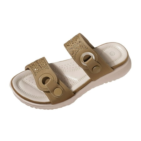 

QYZEU Supportive Sandals for Women Womens Slip on Open Toe Slippers Women Summer Fashion Travel Leisure Flat Rhinestone Sandals Slippers Slides Sandals Summer Khaki