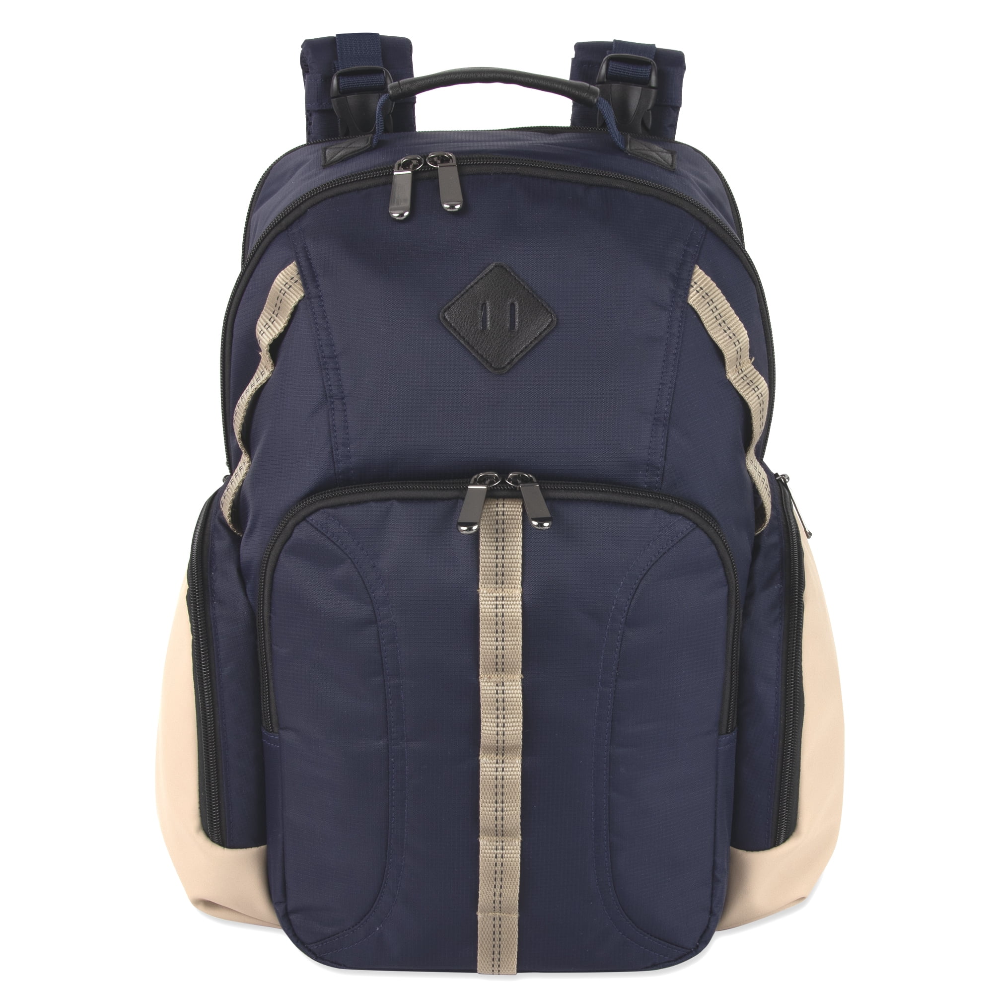 Baby Essentials Super Cooler Multi-Pocket Dual Zipper Closure Diaper Bag Backpack with Matching Changing Pad, Insulated Bottle Pockets and Stroller Straps in Navy Blue & Tan