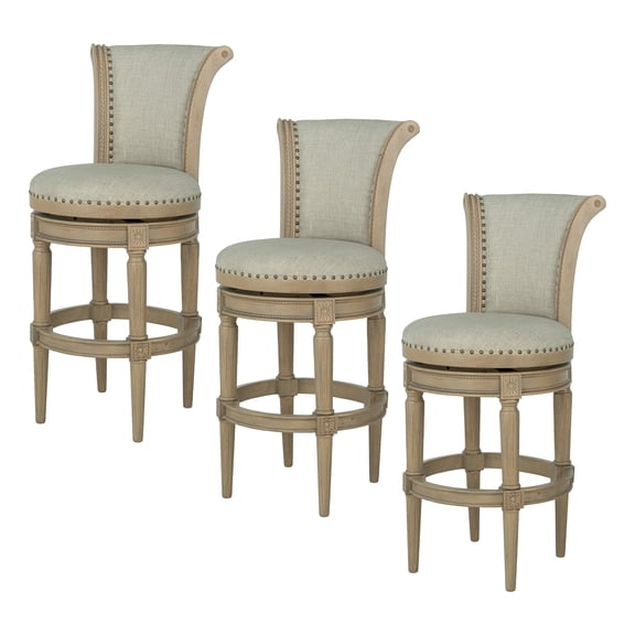 ROME OAK Runyan 31" Swivel Bar Stool in Reclaimed Oak with Ash Grey Fabric, Set of 3