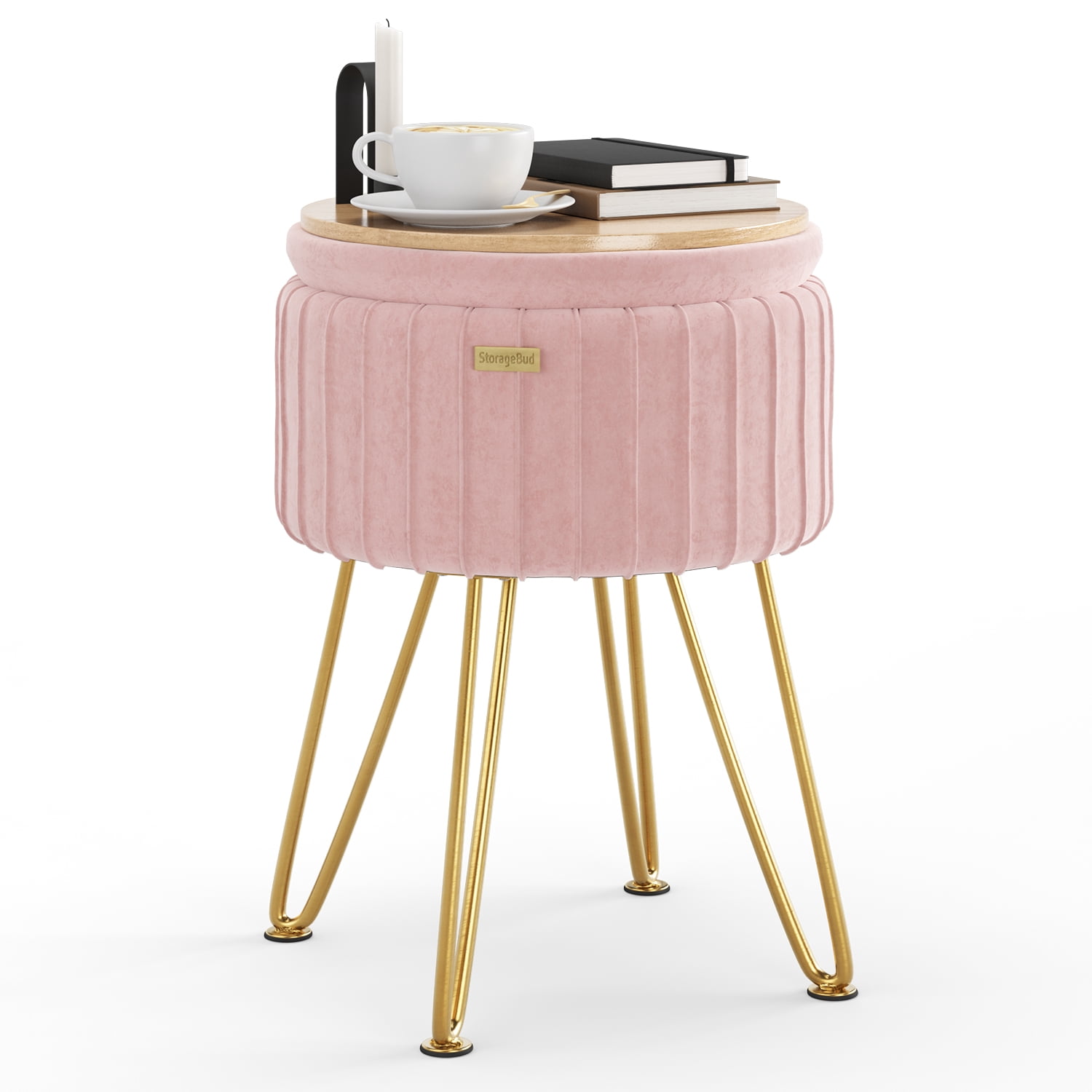 LammaLoe Small Round Ottoman with Storage, Pleated Velvet Ottoman Foot Stool with Lid, Upholstered Vanity Stool for Living Room & Bedroom, Pink