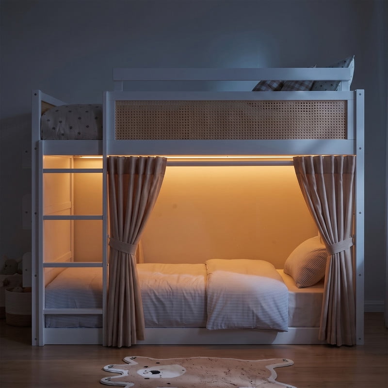 Full-Over-Full Bunk Bed with Bedside 3-Tier Storage Bookshelf, Teens/Kids Rattan Guardrail Bed Frame with Curtain & Light