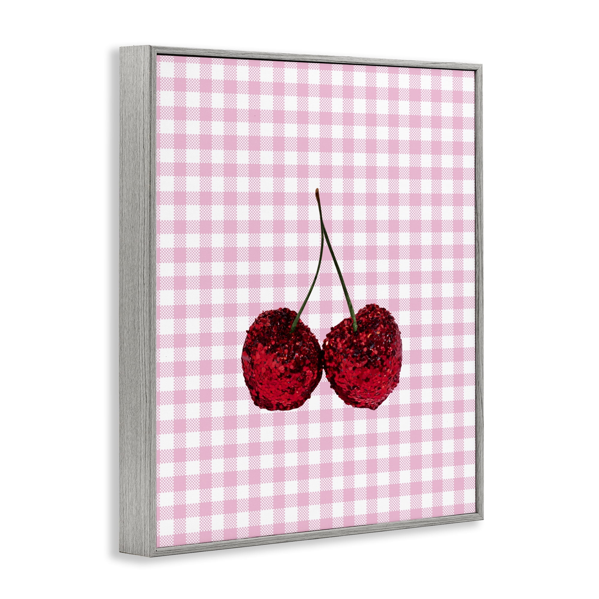 Stupell Industries Glitter Cherry on Pink Gingham Gray Framed Giclee Art, design by LISH Creative