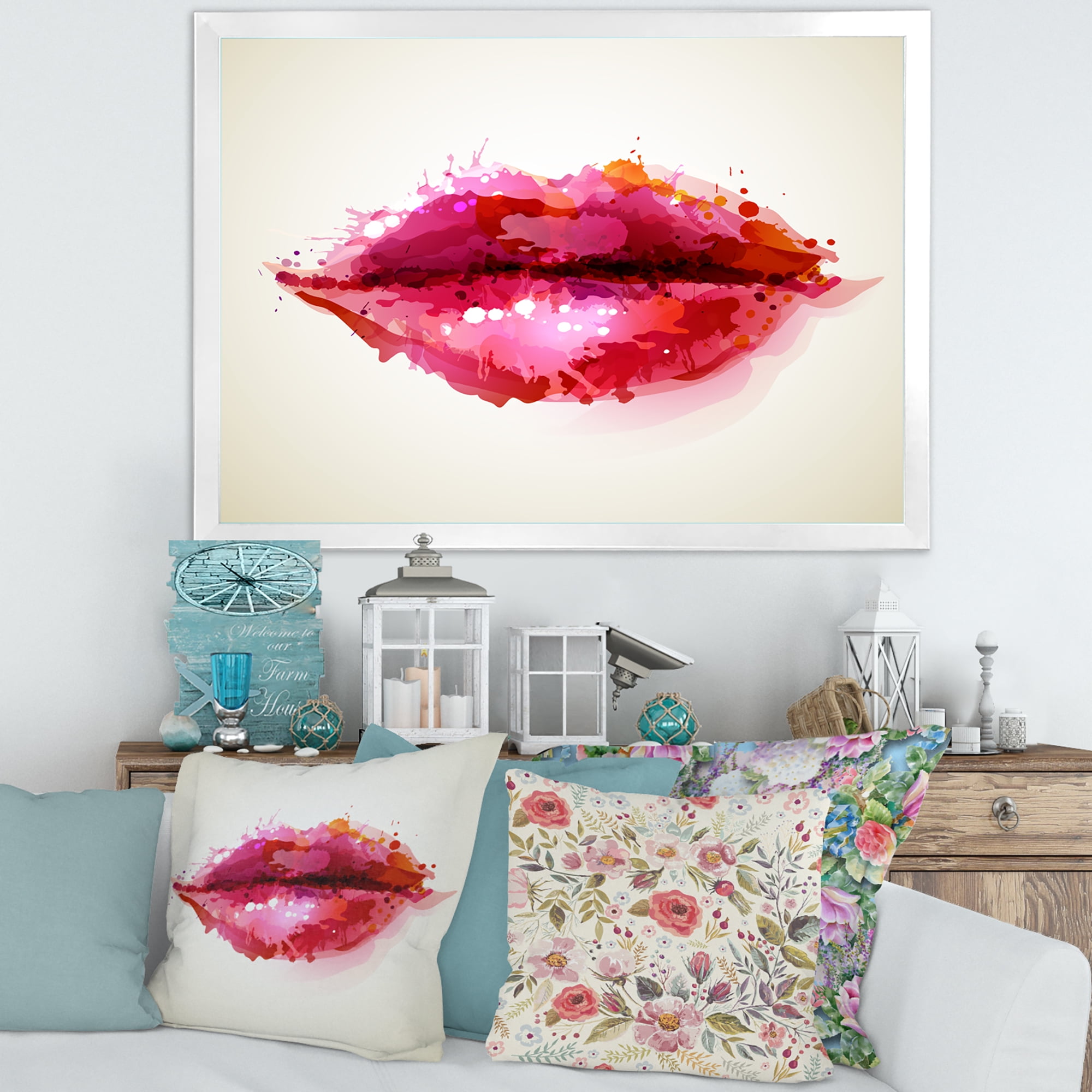 Designart 'Red Girl Lips Formed By Abstract Blots' Modern Framed Art Print