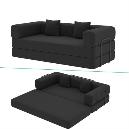 Aukfa 79  Chaise Futon King Size Convertible Sleeper Sofa with Fixed Frame  2 Pillows  Corduroy  Black