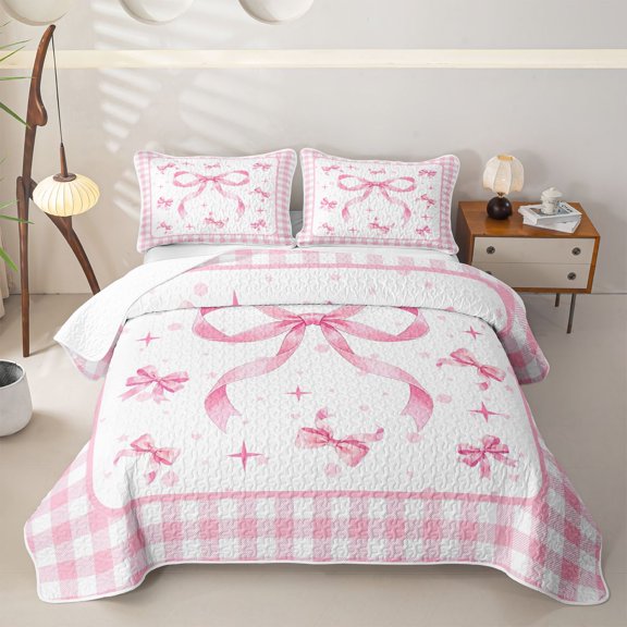 Manfei Pink Bows Checkered Print Twin Quilt Set for Girls, Cute Ribbon Bows Twin Coverlet Set