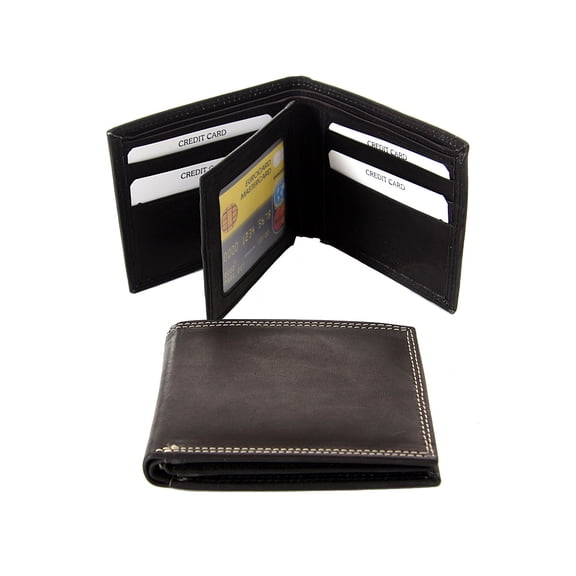 Men's BiFold 9 Credit Card Double Stitch Design Leather Black Wallet 4.5 x 3.5 inches